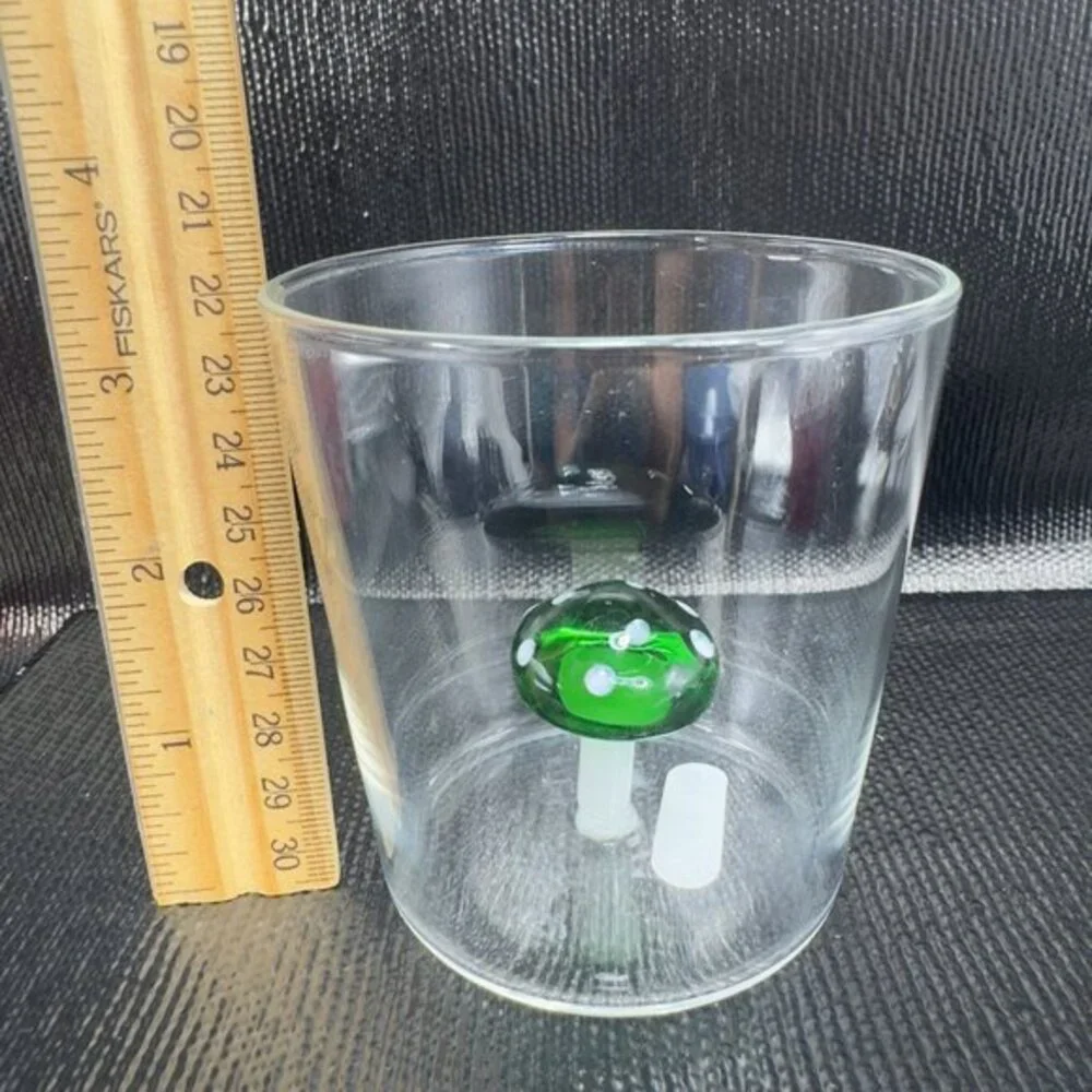 Clear Thin Glass‎ Cup BarWare Tumbler With Green White Mushroom Inside Attached